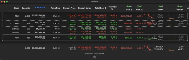 The portfolio window with stock lots expanded.