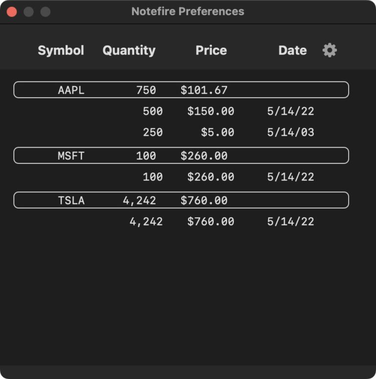 The list of stocks is redundantly displayed in the app preferences window as this is also where you add/remove them.  In the future, I will remove this and it adding/removing aka buy/sell will be built into the main portfolio and watch list views.