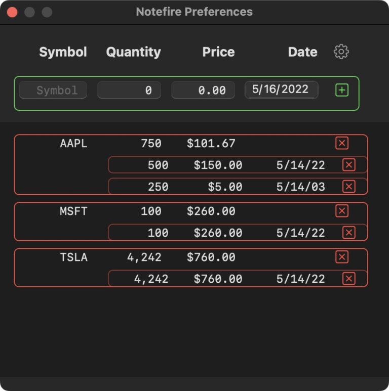 Currently adding/removing  of a stock purchase/sale is done in the app preferences.  It will probably be moved to a modal sheet or built into the main portfolio view.