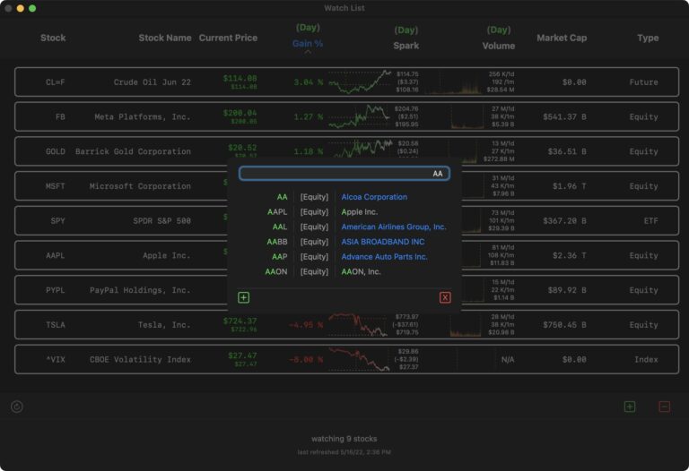 The watch list window with the add stock sheet displayed.  As you type it will attempt to match stock symbols.