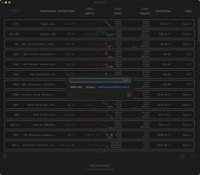 The watch list window add stock sheet when unable to match a symbol.